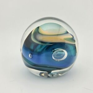 Rollin Karg Controlled Bubbles Art Glass Paperweight Free Form Clear Blue Swirl